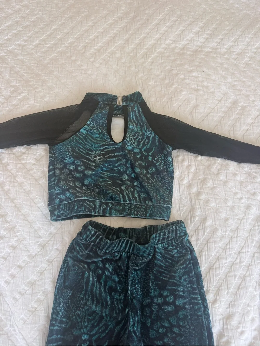 Girls Teal Printed Dance Costume Velvet Legging Crop Top Set with Mesh Sleeves